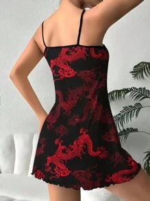 性感中国龙印花吊带睡衣连衣裙 - 紅色 - 查看 2