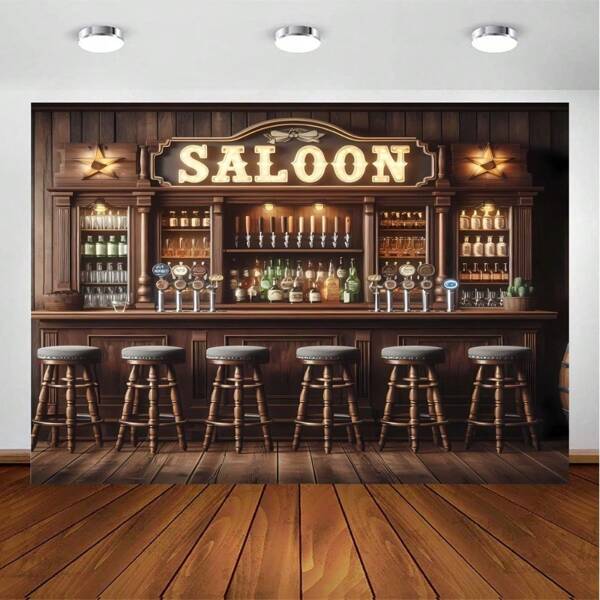Western Cowboy Bar Background - Retro Nightclub Bar Counter With Whiskey Rack, Cafe Restaurant Decor Polyester Wallpaper, Party Photo Booth Prop - Multiple Sizes Available