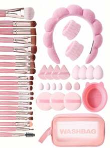 42pcs Makeup Brush Set Includes Soft Hair Makeup Brush: Paint Brush, Eye Shadow Brush, Eyebrow Brush, Lip Brush, Detail Brush+1pc Waterproof Makeup Bag For Storing Cosmetics And Makeup Tools+2 Wristbands And 1 Headband For Face Washing And Hair Cutting