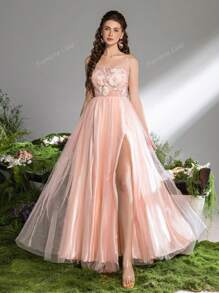 Faeriesty Elegante bloemenapplicatie met strik op de rug, split op de dij, mesh cami-jurk, formele feestjurk, trouwjurk, bruiloftsgastjurk, avondjurk