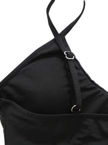 Female Two-Piece Bathing Suit, Solid Color Spaghetti Strap Bikini Tops+ Leopard Print Bikini Panties, S/M/L/XL/XXL - Black - View 2