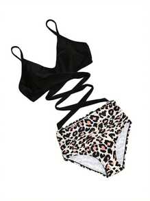 Female Two-Piece Bathing Suit, Solid Color Spaghetti Strap Bikini Tops+ Leopard Print Bikini Panties, S/M/L/XL/XXL - Black - View 3