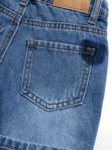 时尚年轻男孩可调节腰部破洞洗水牛仔短裤 - 深色水洗藍 - 查看 11