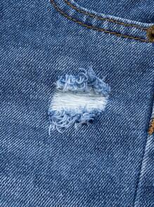 时尚年轻男孩可调节腰部破洞洗水牛仔短裤 - 深色水洗藍 - 查看 7