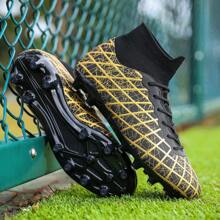 1 Pair Kids High-Top Football Cleats For Boys, Black Color, Suitable For Lawn Games & Training