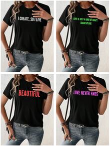 Women Short Sleeve T-Shirt, Personalized Text Name, Women's Black Top For Spring Summer, Valentine's Day, Christmas, Birthday, Graduation Gift Casual - Black - View 2