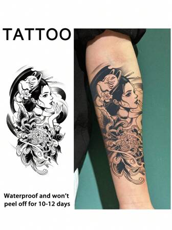 1Pc Geisha Temporary Tattoos Waterproof Sweatproof Last For 1-2 Weeks Realistic Herbal Juice Anti-Friction Non-Reflective Faux Black Fake Tattoos For Woman And Men Tattoo Stickers For Arm, Chest, Leg, Abdomen, Waist Modernist Body Art
