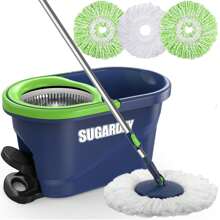 Spin Mop And Bucket With Wringer Set For Floors Cleaning Heavy Duty System, Green - 綠色拖把和水桶 + 3 個拖把頭 - 查看 2