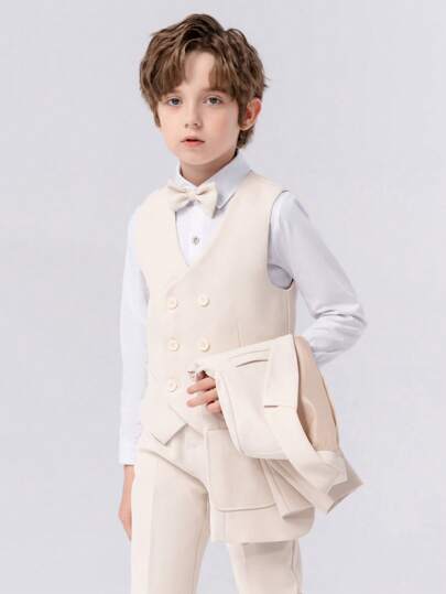 3 件套年轻男孩高端正装套装：背心 + 裤子 + 配套领结，适合生日、婚礼的年轻男孩西装