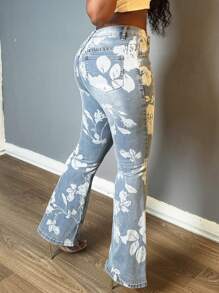 Women's Fashionable Retro Printed Micro Flared Jeans, High Waisted Elastic Loose Wide Leg Flared Pants, Women's Jeans And Clothing - Rửa nhẹ - Xem 6