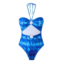 1pc Women Blue Monokini With Mesh Skirt Swimsuit, Elegant Holiday & Resort