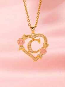 1 件心形花卉字母项链个性化心形花卉 26 个字母吊坠项链适合女孩的生日