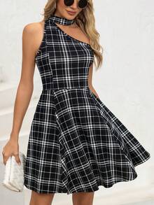 女士时尚露背不对称无袖休闲连衣裙，夏季