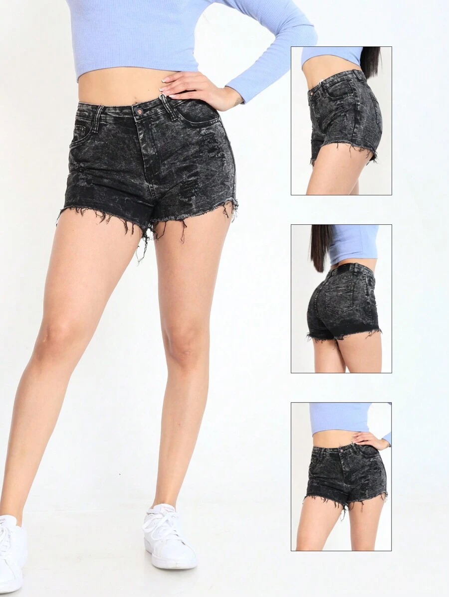 High Waisted Washed Denim Shorts, Ripped Hem And Frayed Edge Design For Summer, Slim Fit And Casual Versatile Shorts That Lengthen Your Legs.
