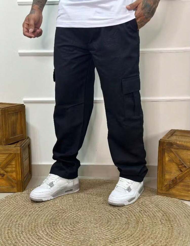 Men's Wide Leg Cargo Pants Casual Skate Side Pocket Twill Trousers - 黑色 - 查看 1
