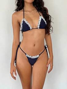 Women Y2k 2 Piece Bikini Set Halter Ruffle Trim Tie Up Bra Top With Side Tie Triangle Bikini Bottom Bathing Suit - Màu xanh quân đội - Xem 3