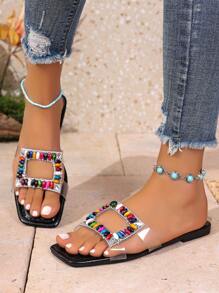 Square Toe Flat Crystal Transparent Slip-On Sandals, New Boho Style Versatile Women Beach Slippers For Vacation - Black - View 4