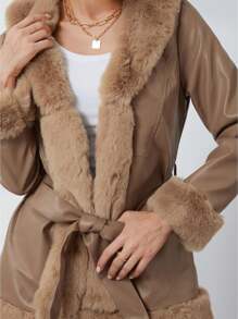 Women's Leather Open Front Jacket, Casual Contrasting Color Plush Collar Warm Cardigan With Belt Outerwear Street Wear. - Light Brown - View 2