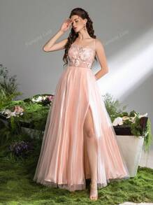 Faeriesty Elegante bloemenapplicatie met strik op de rug, split op de dij, mesh cami-jurk, formele feestjurk, trouwjurk, bruiloftsgastjurk, avondjurk