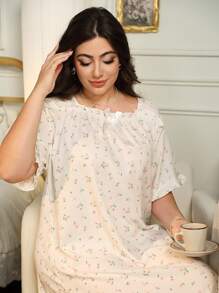 RS Pajama Women's Plus Size Elegant Flower Print Bubble Chiffon Ruffle Trim Square Neck Night,Long Sleep Dress,Pajama Dress