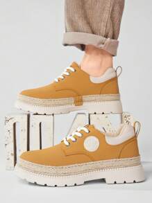 英式圆头厚底男士正装鞋，复古系带正装鞋，撞色时尚男士休闲皮鞋，婚礼派对 - 米色 - 查看 1