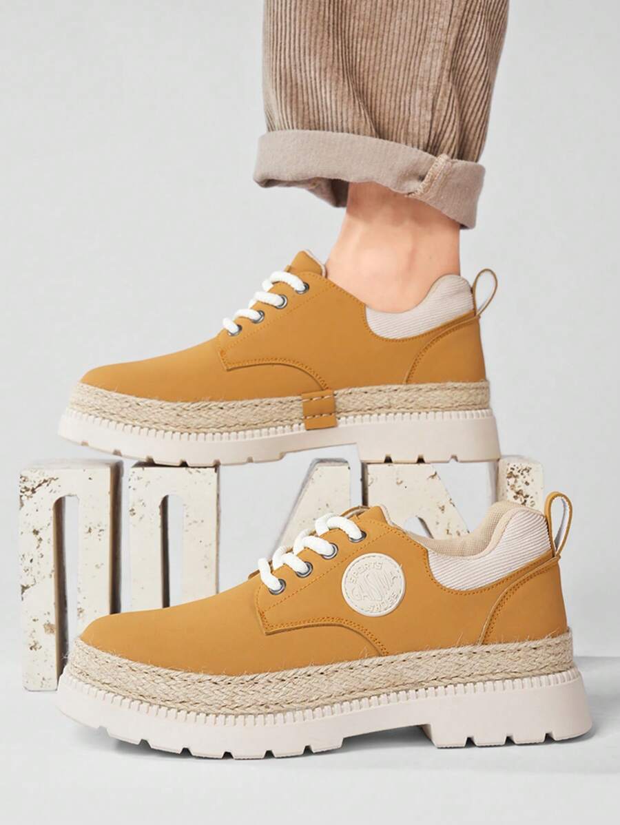 英式圆头厚底男士正装鞋，复古系带正装鞋，撞色时尚男士休闲皮鞋，婚礼派对 - 米色 - 查看 1