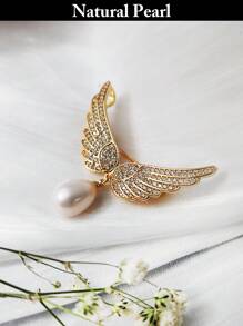 1pc Natural Cultured Freshwater Pearl Brooch, Angel Wing & Ginkgo Leaf & Flower Design, Elegant Lady's Western Jewelry Accessory, Beach/Pride/Birthday/Graduation Gift