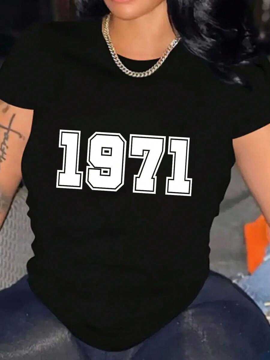 Women's 1971 Print Shirt Cotton T-Shirt Soft Breathable Comfort-Fit Crew Neck Tee - màu đen - Xem 1