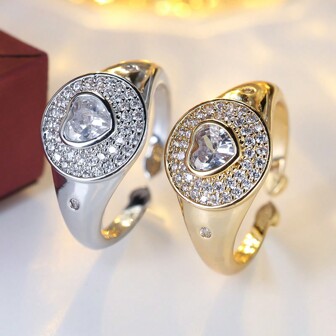 1 件开口戒指，带复古浪漫微型密镶心形方晶锆石，优雅女性日常百搭