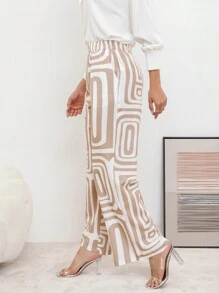 Pantalones anchos informales y elegantes con cintura elástica y estampado geométrico para mujer, para la oficina y el ocio