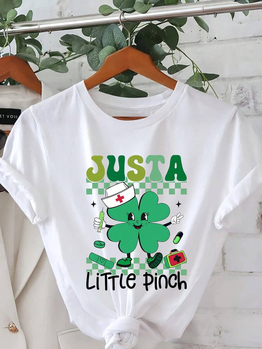 Nurse St. Patrick's Day  Cartoon Letter Graphic Print T Shirt, Short Sleeve Crew Neck Casual Top For Summer & Spring, Women's T-Shirt