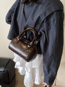 Mini sac de bowling vintage huilé couleur unie, à main et bandoulière - Marron - Voir 3