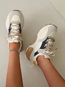 Women's Round Toe Fashionable Lace-Up Thick-Soled Student Casual Comfortable Running Sneakers - Yellow - View 4