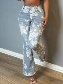 Women's Fashionable Retro Printed Micro Flared Jeans, High Waisted Elastic Loose Wide Leg Flared Pants, Women's Jeans And Clothing - Rửa nhẹ - Xem 4