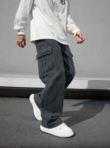 1 件男士春夏多口袋纯色修身工装裤，适合海滩、度假、通勤、锻炼、户外、休闲、运动、健身、跑步、直筒裤 - 灰色 - 查看 4
