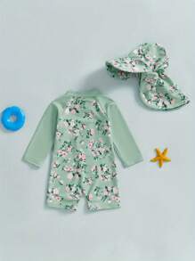 Toddler Baby Boy Girls One Piece Swimsuit Floral Long Sleeve Zipper Bathing Suit With Hat Infant Rash Guard Swimwear - 綠色 - 查看 2