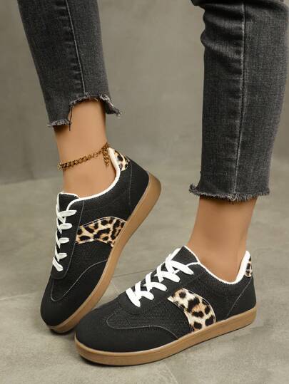 German Shepherd Casual Sport Shoes, Women Flat Platform Sneakers Leopard Print Elastic Breathable Mesh Round Toe, Versatile For Daily Wear, Plus Size