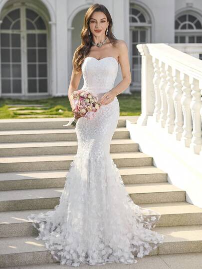  UNITHORSE Women Lace Patchwork Strapless Backless Elegant Fish Tail Wedding Gown Dress,Bride, All White Party Outfit Women, For Valentine's Day Spring