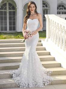 UNITHORSE UNITHORSE Women Lace Patchwork Strapless Backless Elegant Fish Tail Wedding Gown Dress,Bride, All White Party Outfit Women