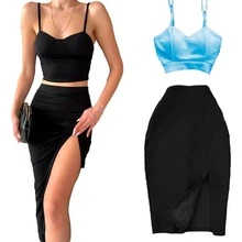 Conjunto falda y top tirantes corte ajustado abertura femenina moderno - Azul menta - Ver 4