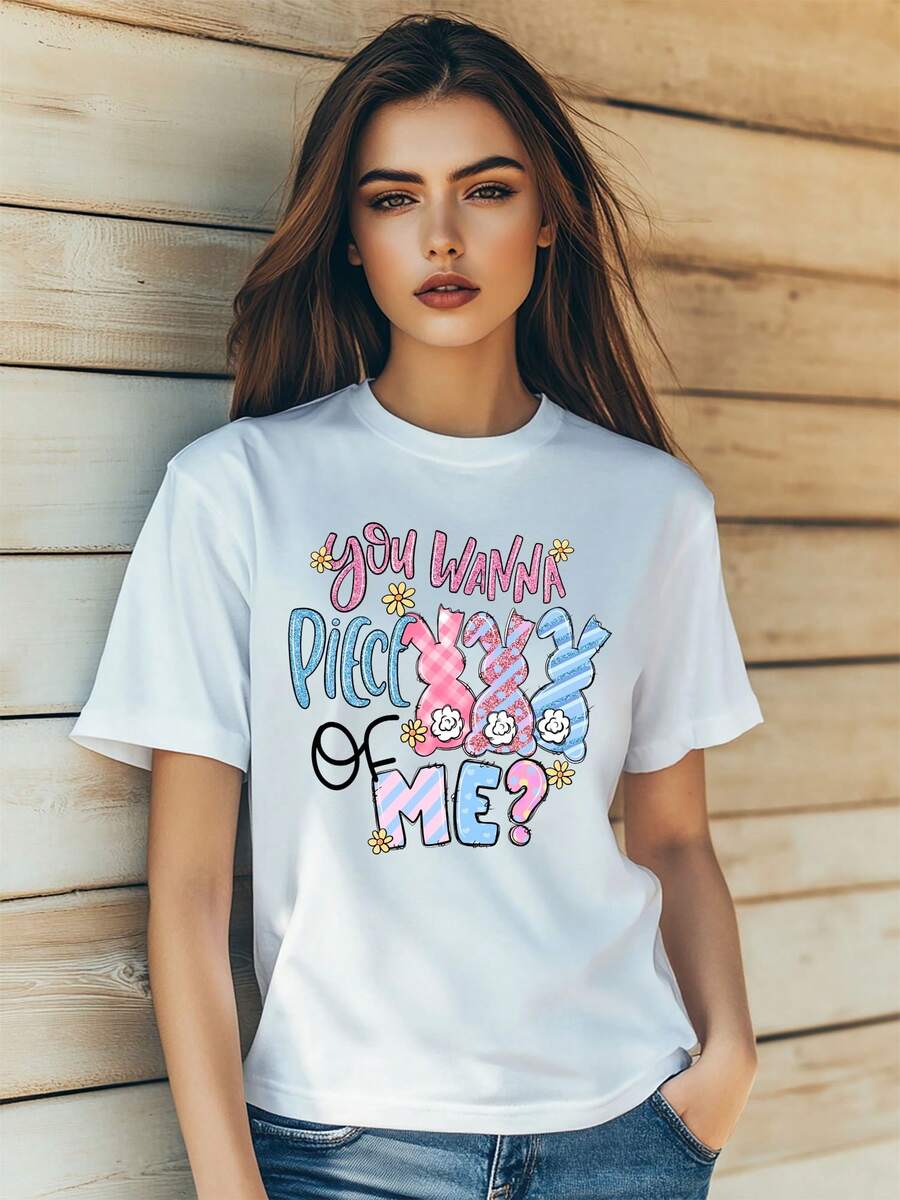 Women's  Bunny Heart Glitter Stripes Print T-Shirt Fashion Short Sleeve Round-Neck Slm Fit Tops Summer Casual Streetwear