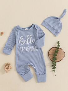 Newborn Baby Boy Girl Coming Home Outfits Hello Im New Here Romper Ribbed Jumpsuit Long Sleeve One Piece Spring Clothes With Hat Set - Blue - View 2