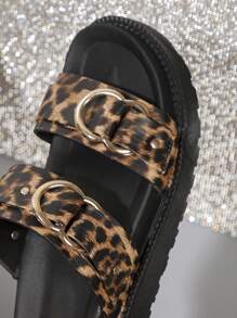 夏季新款动物印花平底时尚休闲厚底凉鞋 - 豹紋 - 查看 7