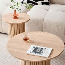 Round Nesting Coffee Tables Set Of 2, Boho Wood Circle Side Table Fluted Drum, Farmhouse End Table For Living Room Bedroom, Apartment - Yellow - View 5