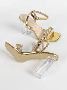 Wide Fit Fashion Women's High Heel Sandals, Jelly Gel Embellished Strap Sandals, Metal PU Leather Wraparound Backstrap Sandals, Classic Square Toe Sandals, Transparent Crystal Block Heel Sandals, Square Heel High Heel Sandals, Summer Outdoor & Regular Sandals, Metallic Gold Ladies Sandals