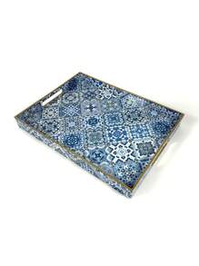 Bandejas decorativas de estilo bohemio azul de plástico con asas para decoración de mesa de café, bandeja de almacenamiento de escritorio para joyas, perfumes, organizador de bandejas otomanas estilo boho, accesorios de cocina, decoración de cocina, bandeja para frutas