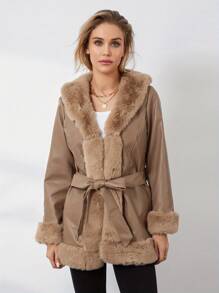 Women's Leather Open Front Jacket, Casual Contrasting Color Plush Collar Warm Cardigan With Belt Outerwear Street Wear. - Light Brown - View 7