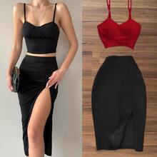 BLACK TOP AND SKIRT WITH LEG SLIPPING Fitted Strappy Top - Red - View 2