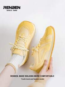 RENBEN 1 Pair People's Thick Sole Women's Sports Style Mesh Sneakers, Front Lace Up Yellow Mesh Platform Low-Top Casual Outdoor Athletic Shoes, Suitable For Dresses & Pants, 2025 Popular Women's Shoes - Yellow - View 7
