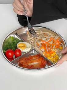 1pc/3pcs Portion Control Plate, 22.5cm Round Stainless Steel 3-Compartment Plate, Diet Meal Tray For Adults And Children